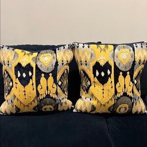 Decorative Yellow and navy Patterned Throw Pillows